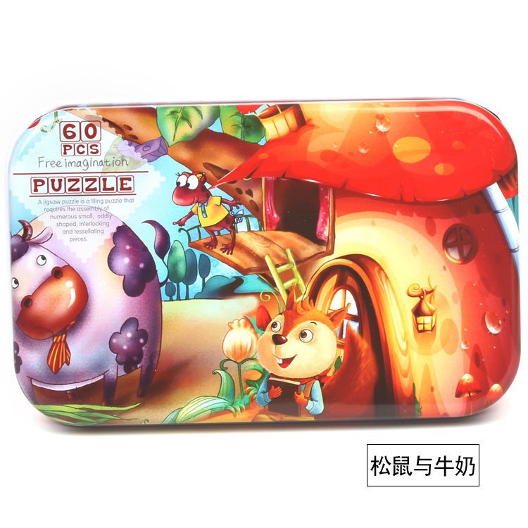 Wooden Puzzle Small Cans Gift Box Children'S Puzzle Puzzle 60 Pieces Iron Boxed Kindergarten Early Education Wooden Toys For Hair - Image 1